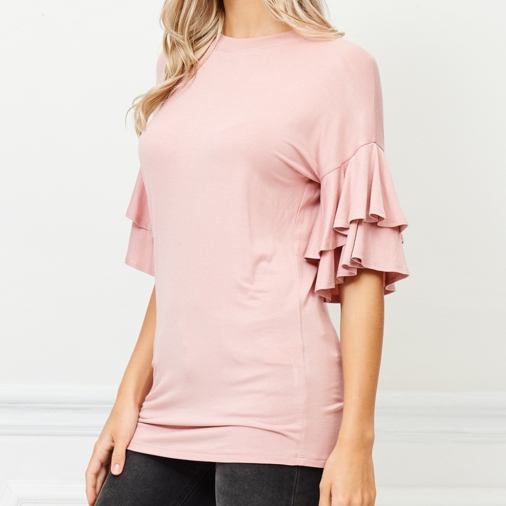 "ROUND NECK RUFFLE SLEEVE TOP" - Picture 4 of 6